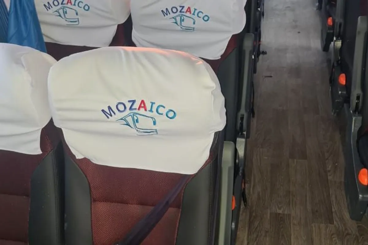 Mozaico cabin: burgundy seats with branded headrest covers